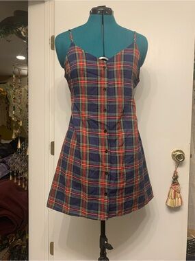 Button-Front Plaid Slip Dress in Navy and Red